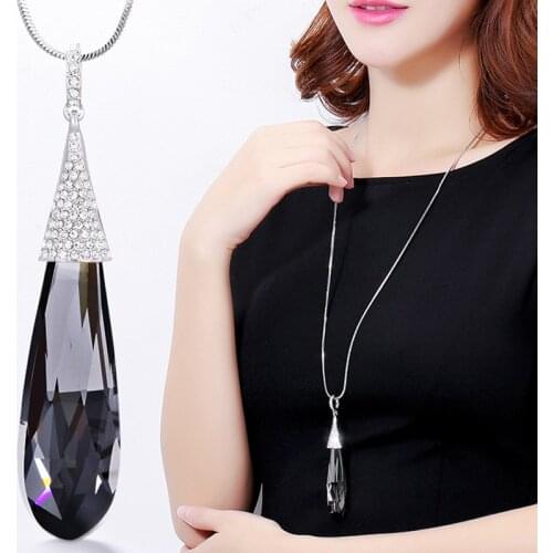 Hot Sale Large Crystal Water Drop Grey Sweater Chain Pendants Vintage Natural Stone Necklace For Women Jewelry