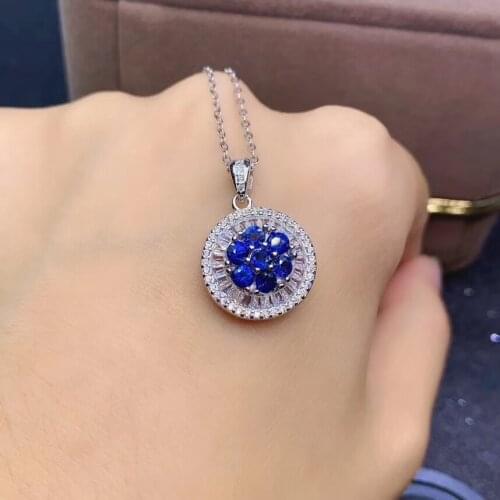 Fashion round Sun flower natural blue sapphire gem Pendant natural gemstone pendant S925 silver woman girl party gift jewelry