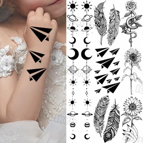 Cartoon Airplane Small Tattoo Sticker For Kids Women Feather Planet Sun Flower Moon Fake Tattoo Sticker Forearm Neck Tatoos DIY