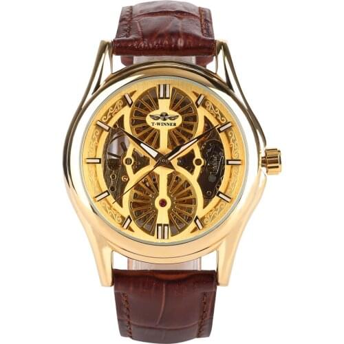Mens Hollow-out Automatic-self-winding Mechanical Watch Premium Leather Strap Luxury Gold Skeleton Luminous Function Waterproof
