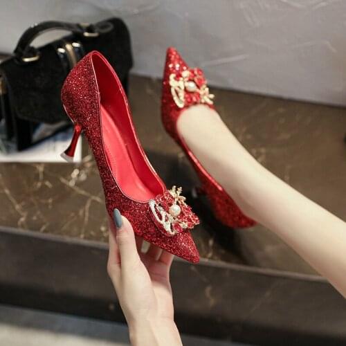 New 2021 autumn high-heeled wedding shoes Korean version of the sharp-mouthed thin-mouthed single shoes with bridesmaids
