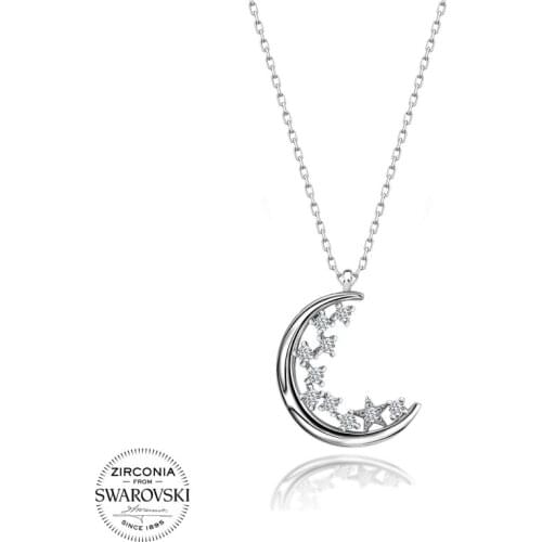 Silver 925 Sterling Swarovski Zirconia Stone Crescent Moon & Star Pendant