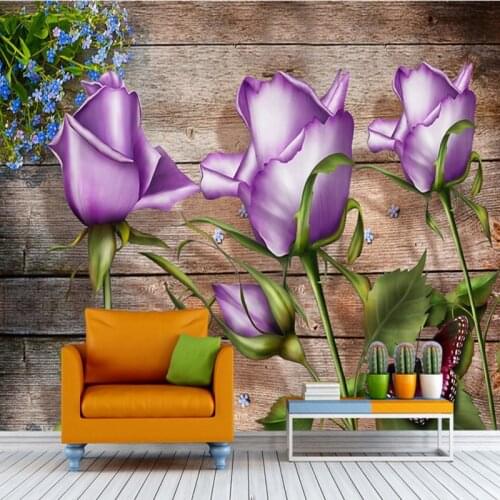 Drop Shipping Custom Photo Wallpaper Purple Rose Wooden Wall Background Custom High Quality Murals Wallpaper Home TV Decorative
