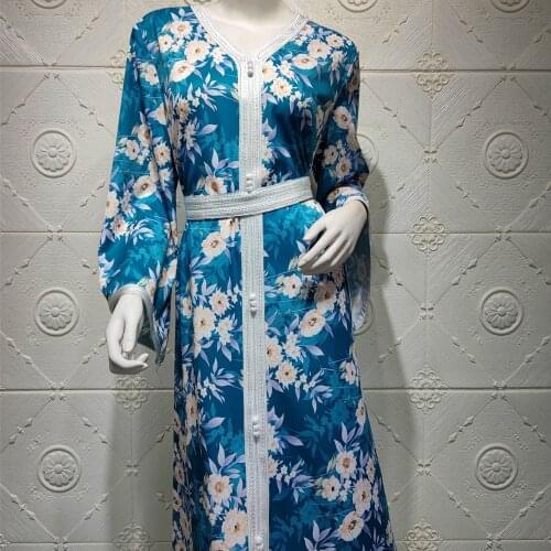 AB030 Luxury Dress Sky Blue Abaya Soiree Muslim Woman Dubai Islamic Clothing World Apparel Store Turkish Beautiful Print Flora