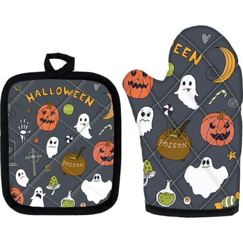 Cute Cartoon Halloween Pumpkin Ghost Pattern Kitchen Oven Gloves Heat Resistant Set Baking Accessories Oven Mitts And Potholders