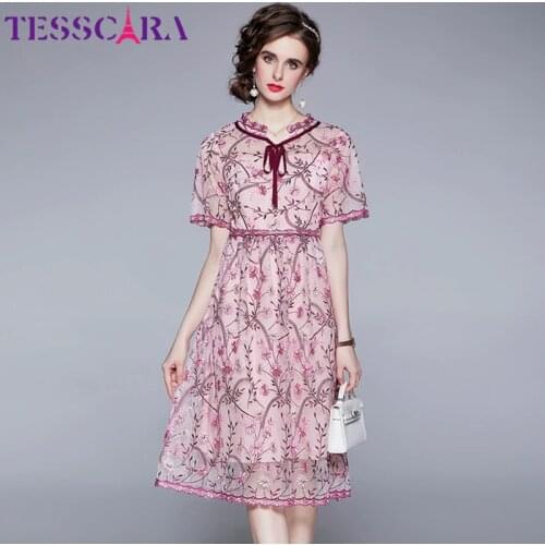 TESSCARA Women Summer Elegant Embroidery Dress Festa High Quality Pink Wedding Party Robe Femme Runway Designer Mesh Vestidos