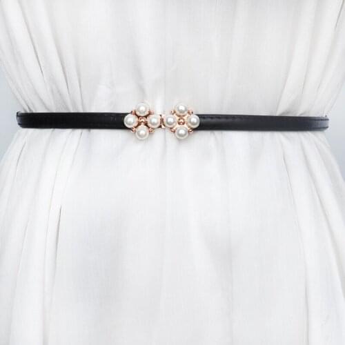 Thin Women Belt Black Fashion Solid Soft PU Leather Waistbands For Dress Ladies Pearl Flower Gold Buckle Adjust Waist Seal White