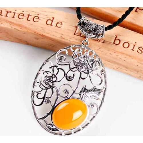 ZHJIASHUN Vintage 100% 925 Sterling Silver Natural Chalcedony Pendant Necklace Retro Gemstones Pendants Jewelry For Women