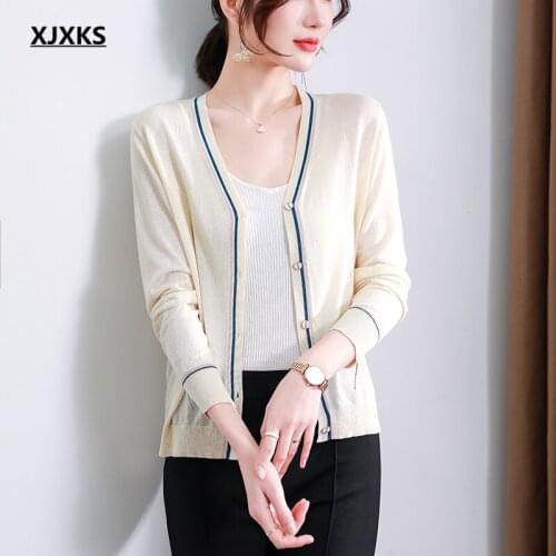 XJXKS Fashion V-neck Comfortable Linen Knitted Thin Cardigan Women Small Jacket Spring Summer 2021 New Women Cardigan Sweater