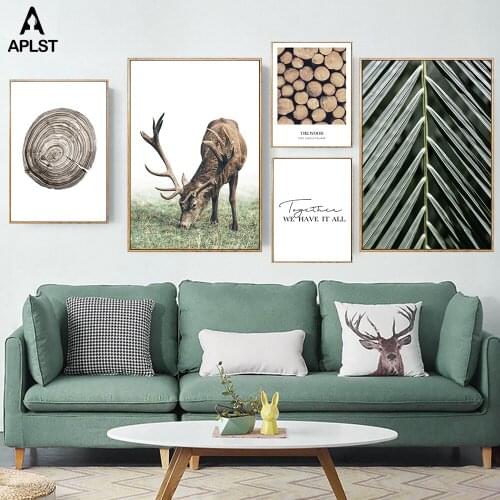 Plant Wood Canvas Print Nordic Scenery Deer Poster Tree Ring Painting Word Leaf Wall Art Picture for Living Room Home Decoration