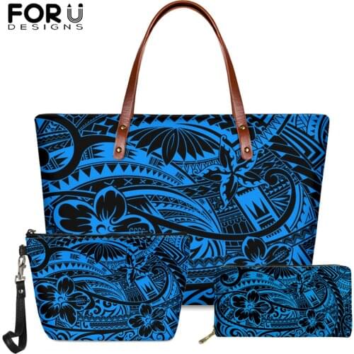FORUDESIGNS Lady Brand Design Enthic Polynesian Pattern 3set Ladies Portable Handbag Shoulder Bag Hibiscus Flower Zipper Wallet
