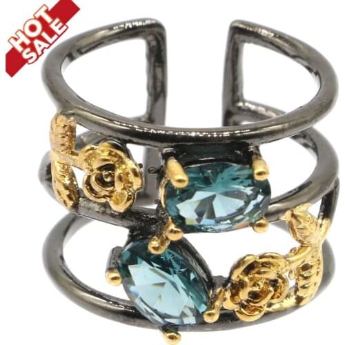15x10mm SheCrown Created Blue Topaz Red Blood Ruby for Women Vintage Black Gold Color Gothic Unique Jewelry Dropship Rings