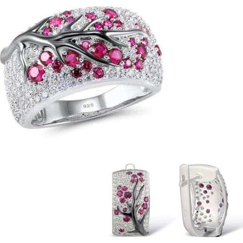 2019 Wedding Bridal Jewelry Sets Red CZ Leaf Tree Crystal Lower Earrings Rings for Women 925 sterling silver Wedding Jewelry