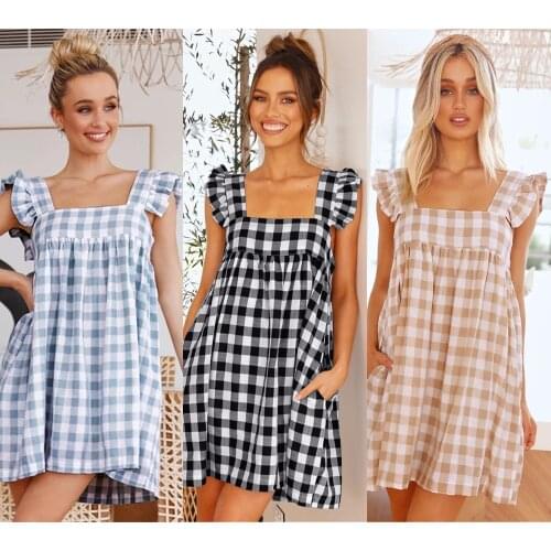 Summer Women Dress Flying Sleeve Square Collar Beach Style Female Holiday Party Dresses Plaid Color C2417