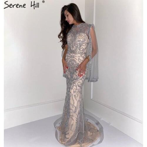 Serene Hill Grey Nude Mermaid Cape Sleeves Luxury Evening Gown For Women 2021 Beadings Elegant Sexy Formal Party Dress CLA71027