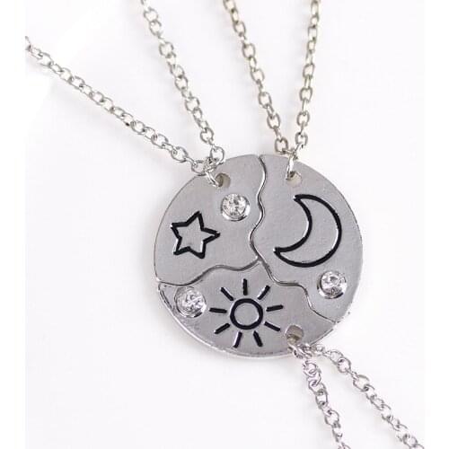3 Pcs/Set Crystal Sun Moon Star Best Friend Necklaces Rose Gold Color Round Jigsaw Puzzle Pendant Necklace BFF Jewelry Gift
