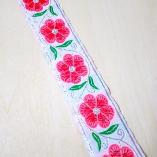 50mm 5cm 2' White Grounding Pink Red Flower Green Leaf Sliver Lace Webbing Curtain Trim National Woven Jacquard Ribbon Laciness