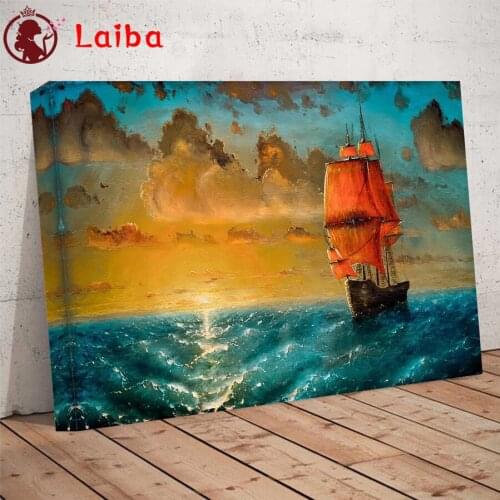 Diamond Embroidery Sunset sea sailing landscape Picture Diamond Painting Full Square round drill Mosaic Cross Stitch Wall Art