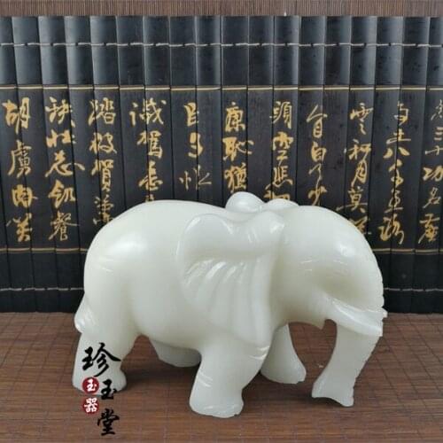 Large HOME office business efficacious propitious Talisman Money Drawing GOOD LUCK White Jade elephant Jade carving Sculpture