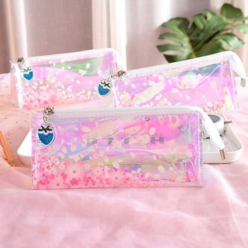 Novelty Laser Pencil Case Kawai Flower Pencilcase Pen Box Girls School Bags For Kids Gift Korean Stationery Office Supplies