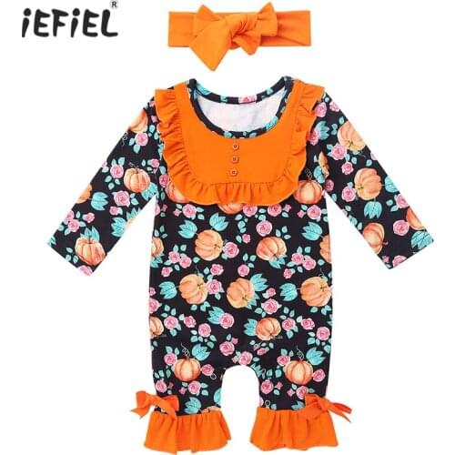 Infant Babies One Piece Romper Halloween Costume Cotton Long Sleeves Pumpink Pattern Jumpsuit Homewear Newborn Baby Girl Clothes