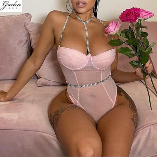 GREDEA New Metal Chain Sling Top Erotic Backless Bodysuit With Padded Bra Thin Section See-Through Womens Sexy Lingerie