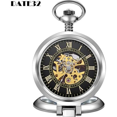 Classic Mechanical Pocket Watch Skeleton Roman Numerals Dial Stand On Table Sliver Case Fob Chain Clock for Men Dropshipping