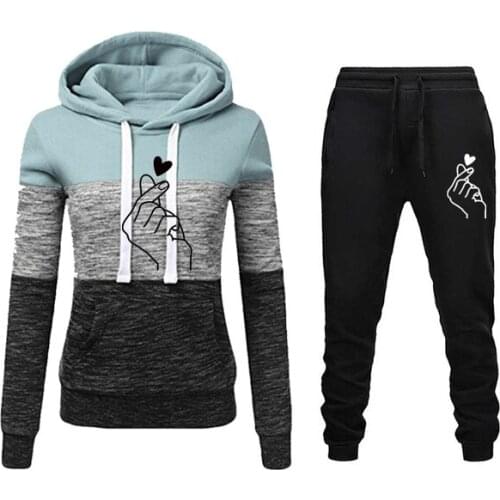 Women Fashion Print Sets for Women Warm Hoodie Sweatshirts and Long Pant Fashion Two Piece Sets Ladies Lace Up Sweatshirt Suits