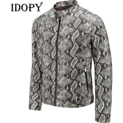 Idopy Autumn and Winter Funky Jackets Style Mens Leisure Washed Snakeskin Pattern Leather Coat