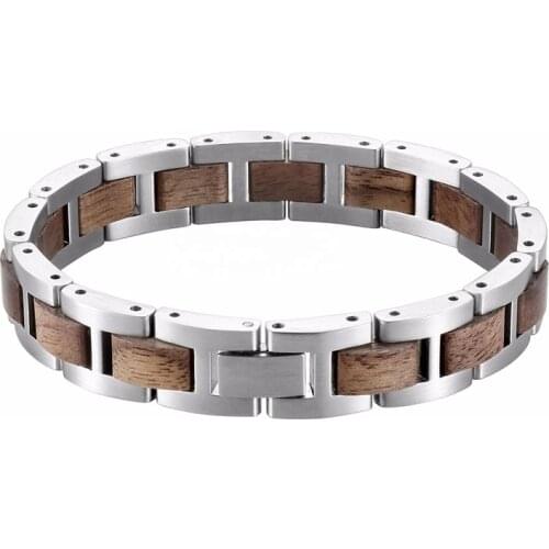 Hot Selling New Products Custom Wooden Stainless Steel Bracelet Walnut Wood Bracelet Men Silver Wristband Top Brand Luxury Gifts