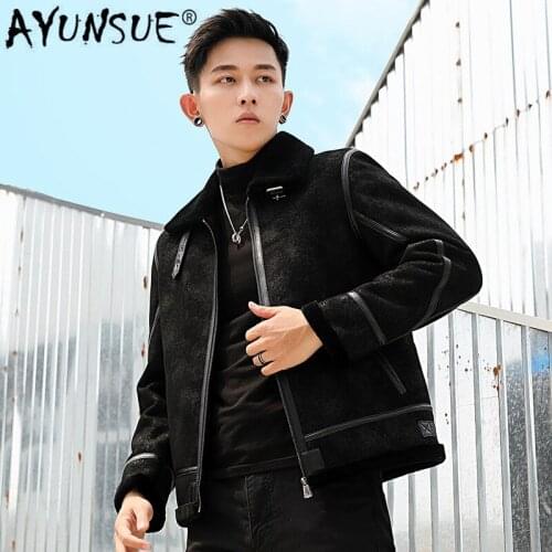 AYUNSUE Genuine Leather Jacket Men Winter Sheepskin Coat Short Vintage Shearling Jacket Mens Real Wool Fur Coat 036 KJ3853