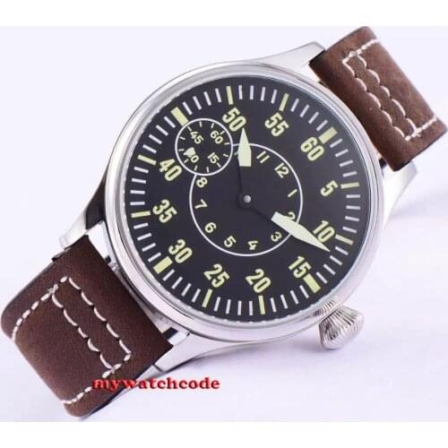 44mm Corgeut black dial cow strap 6497 hand winding movement mens watch 55B