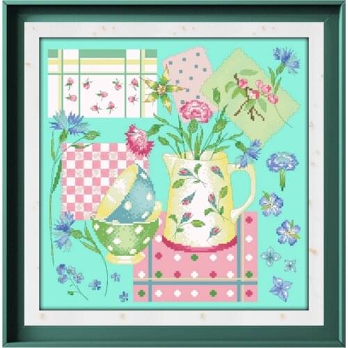 Small kitchen with flowers cross stitch kit pattern design 18ct 14ct 11ct bright green canvas embroidery DIY needlework