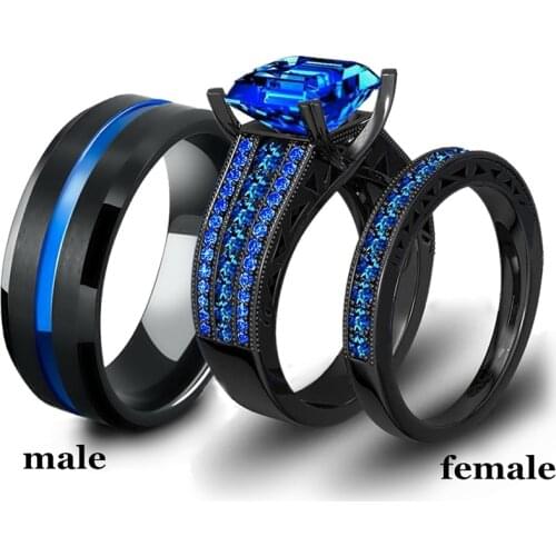 Charm Couple Rings Stainless Steel Black Mens Ring Blue Zircon Womens Ring Sets Valentines Day Gift Wedding Band Fine Jewelry
