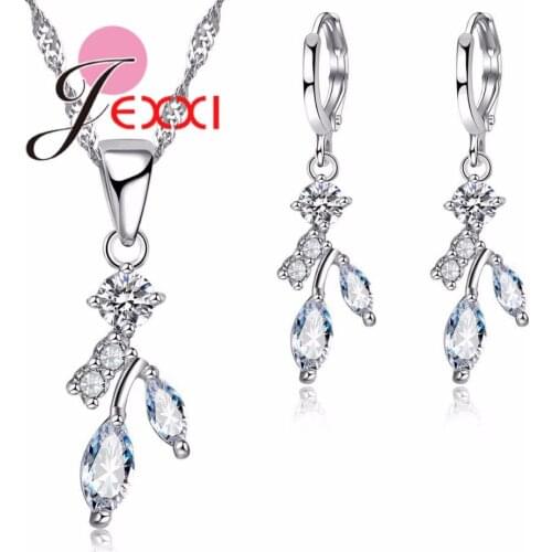 Dazzling Clear Rhinestone Plant Branch Pendant Earrings Women Necklace Eardrop Set Pure 925 Sterling Silver Jewelry Sets