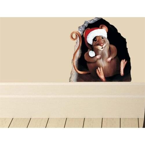 3D Effect Mouse hole Wall Stickers Cute Christmas hat mouse Wall Decals Home Decor PVC self-adhesive wallpaper Mural Removable