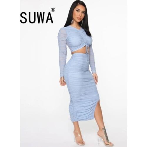 New fashion neon clothes two piece set women long sleeve stracked crop top t-shirt + bodycon midi dress elegant sexy club outfit