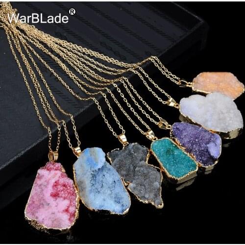 WarBLade New Natural Stone Quartz Pendant Necklace Colorful Irregular Drusy Gold Color Stone Necklaces for Women Jewelry Gift