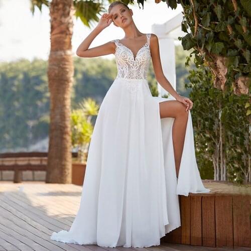 Charming A-Line Chiffon Side Slit Sleeveless Wedding Dress 2021 V-Neck Corset Appliques Backless Sweep Train Bridal Gowns