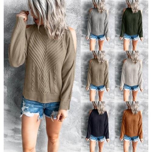 2021 autumn and winter solid color off shoulder sweater womens long sleeved thick needle round neck twisted rope blouse sweater