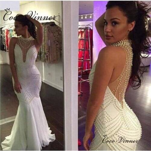 Luxury Pearl Beading Mermaid Wedding Dresses New High Neck Illustion Back Custom Made Plus Size Wedding Dress W0436