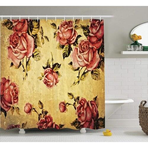 Roses Decorations Shower Curtain Old-Fashioned Victorian Style Rose Pattern with Dramatic Color Boho Art Design Fabric Bathroom