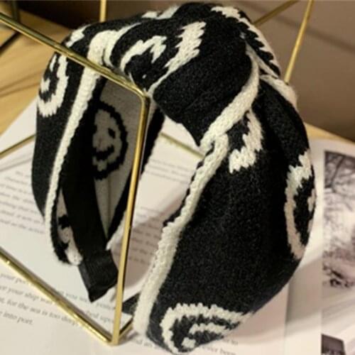 Wool Knitting Headband for Women Winter Hair Accessories Smile Face Print Hairband Knot Adults Headwear Wide Head Band Hairband