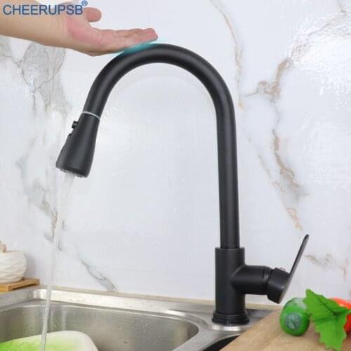 Black Touch Faucet Kitchen Sink Hot Cold Water Mixer Sensor Crane Pull Out Brass Tap 360 Degree Rotation Inductive Faucets Grifo
