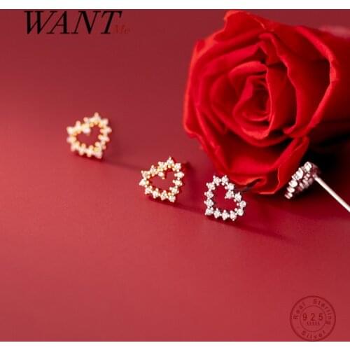WANTME Real 925 Sterling Silver Shiny Zircon Sweet Romantic Love Heart Stud Earrings for Women Luxury Wedding Party Jewelry Gift
