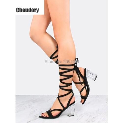 Sexy Black Clear Thick High Heels Gladiator Shoes Woman Peep Toe Lace Up Thigh High Boots Summer Over The Knee Sandals