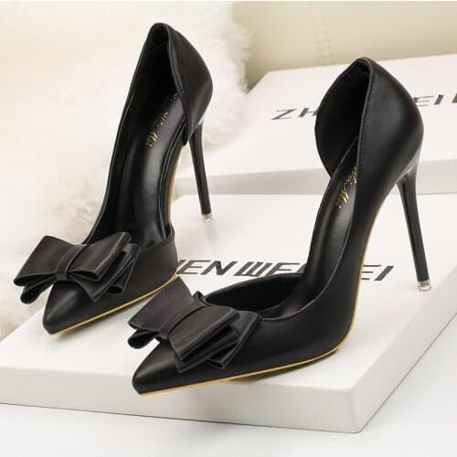 Pumps style beautiful and sweet bow-tie high heels thin heel high heel shallow mouth side hollowed-out single shoes