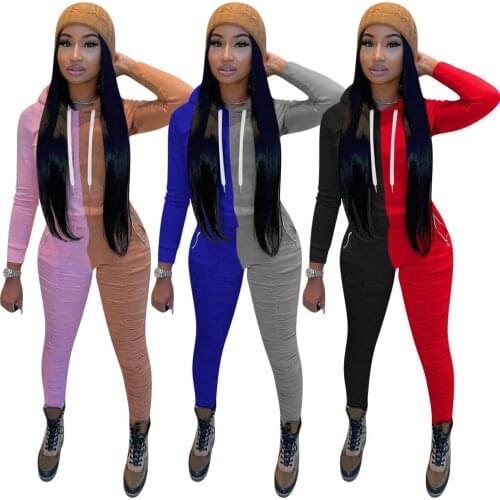 Patchwork Color Long Sleeve Outfit Autumn Winter Women 2 Pieces Set Lace Up Hooded T-shirt + Long Pencil Pants Sport Streetwear