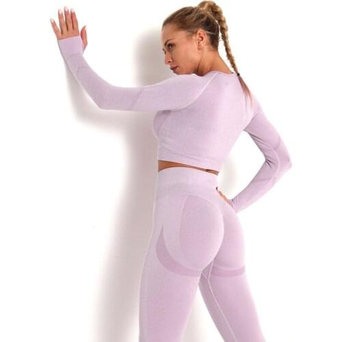 2 Piece Set Women Seamless Suit Female Outdoor Fitness High Waist Hip Leggings Women Nylon Was Thin Tight Long-sleeved Yoga Suit