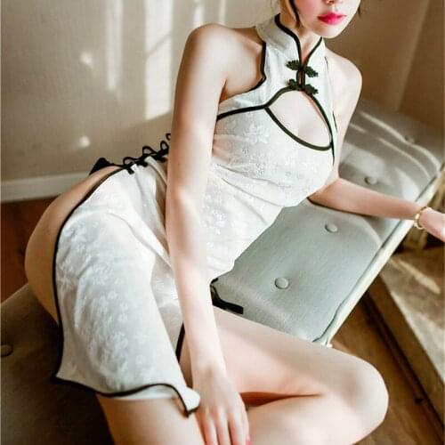 Women Sexy Cosplay Costume Cheongsam Anime Ladies Bodysuit Dress String Outfit Role Play Slim Fit Open Chest Uniform White Black